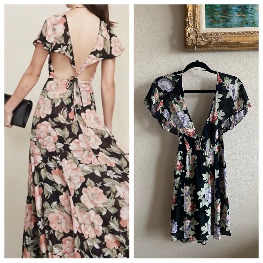 Reformation Floral Mini Dress Open Neck Tie Back